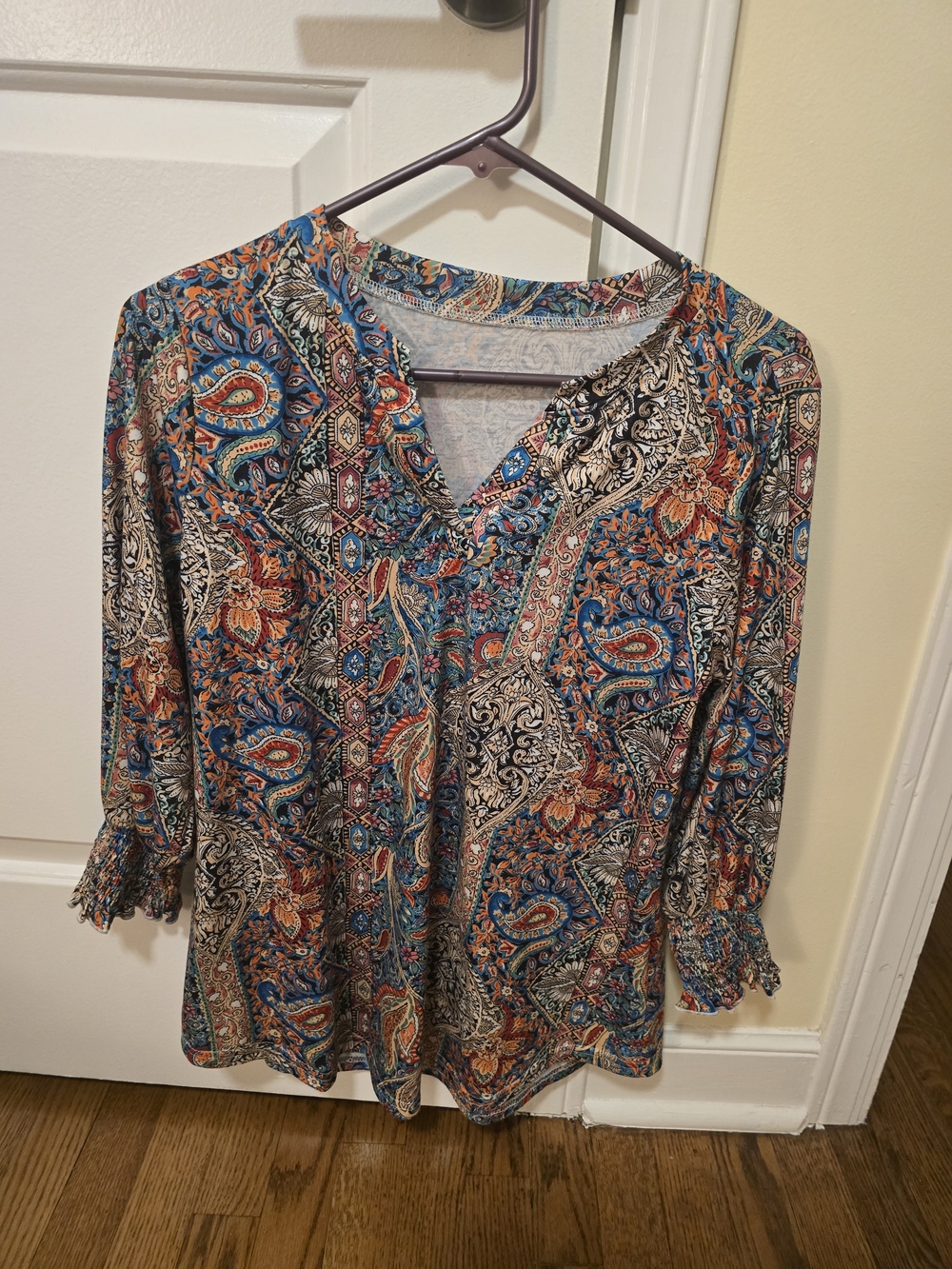 Paisley V-Neck Peasant Blouse - Multicolor